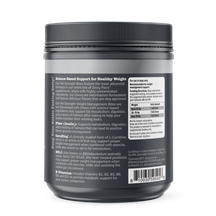 Dark gray plastic jar with black screw-top lid containing dog supplement bites, labeled with product information and feeding 