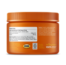 Orange plastic jar with orange ribbed cap containing puppy probiotic soft chews, labeled with product facts and ingredients.