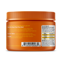Orange plastic jar with ridged cap containing puppy probiotic bites, labeled with product information and dosage chart.