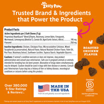 Zesty Paws product label with ingredients and branding on an orange background