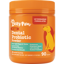 Orange jar of Zesty Paws dental probiotic powder with orange lid, featuring yellow and red dog illustration and product text.