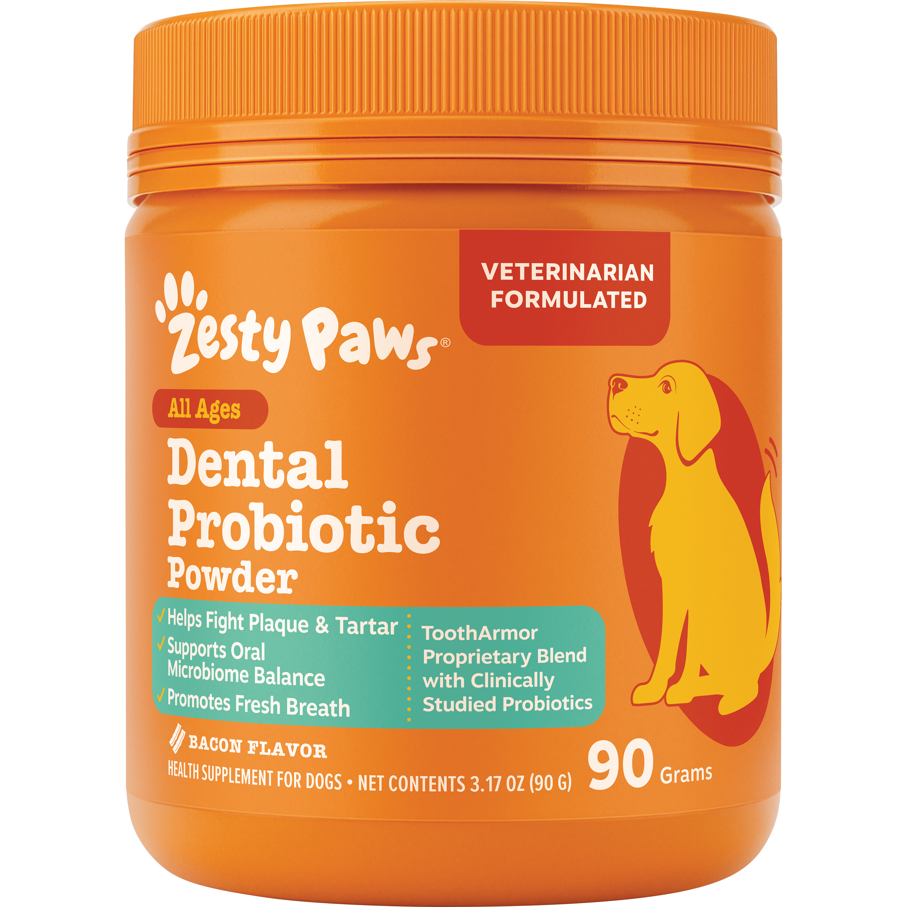 Orange jar of Zesty Paws dental probiotic powder with orange lid, featuring yellow and red dog illustration and product text.