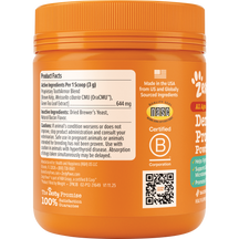 Orange plastic jar with ribbed cap containing dental probiotic powder for dogs, with product facts and ingredient label visib
