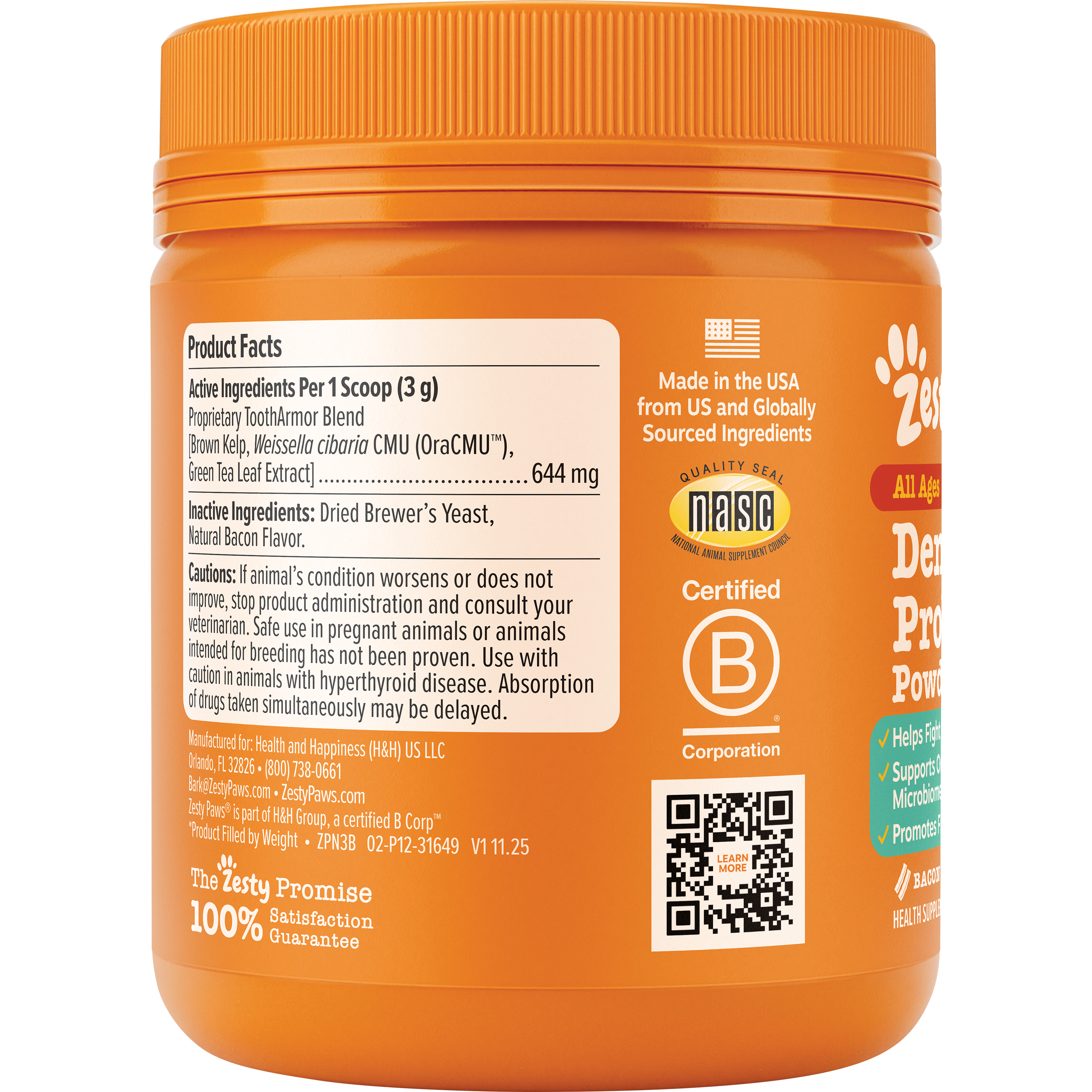 Orange plastic jar with ribbed cap containing dental probiotic powder for dogs, with product facts and ingredient label visib