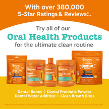 Zesty Paws dental probiotic powder in orange container among other oral health products on yellow background.