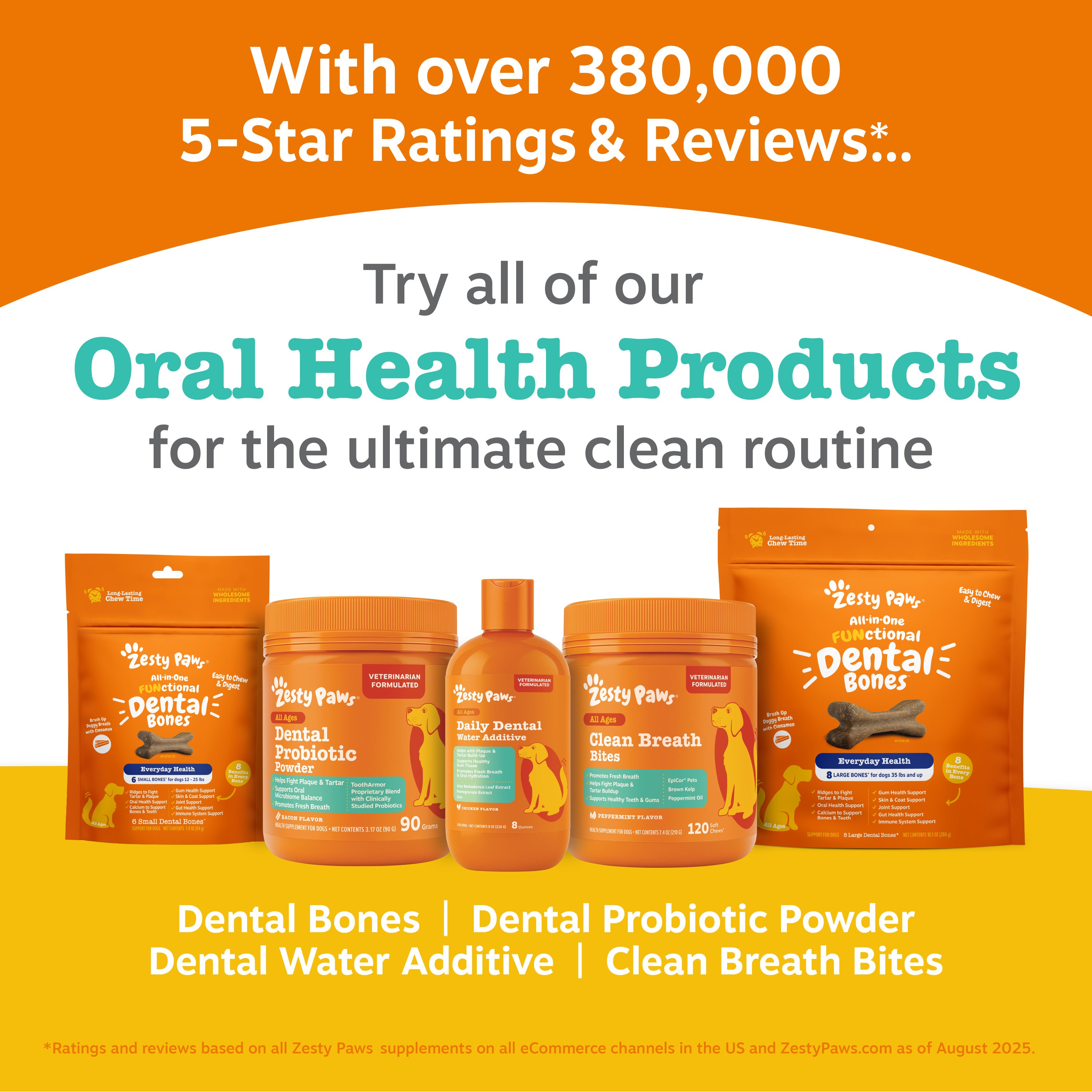 Zesty Paws dental probiotic powder in orange container among other oral health products on yellow background.