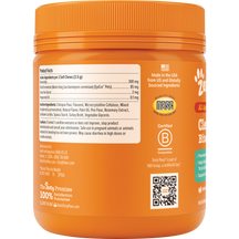 Orange plastic container of dog breath bites with white lid, showing product facts and ingredients label on front.