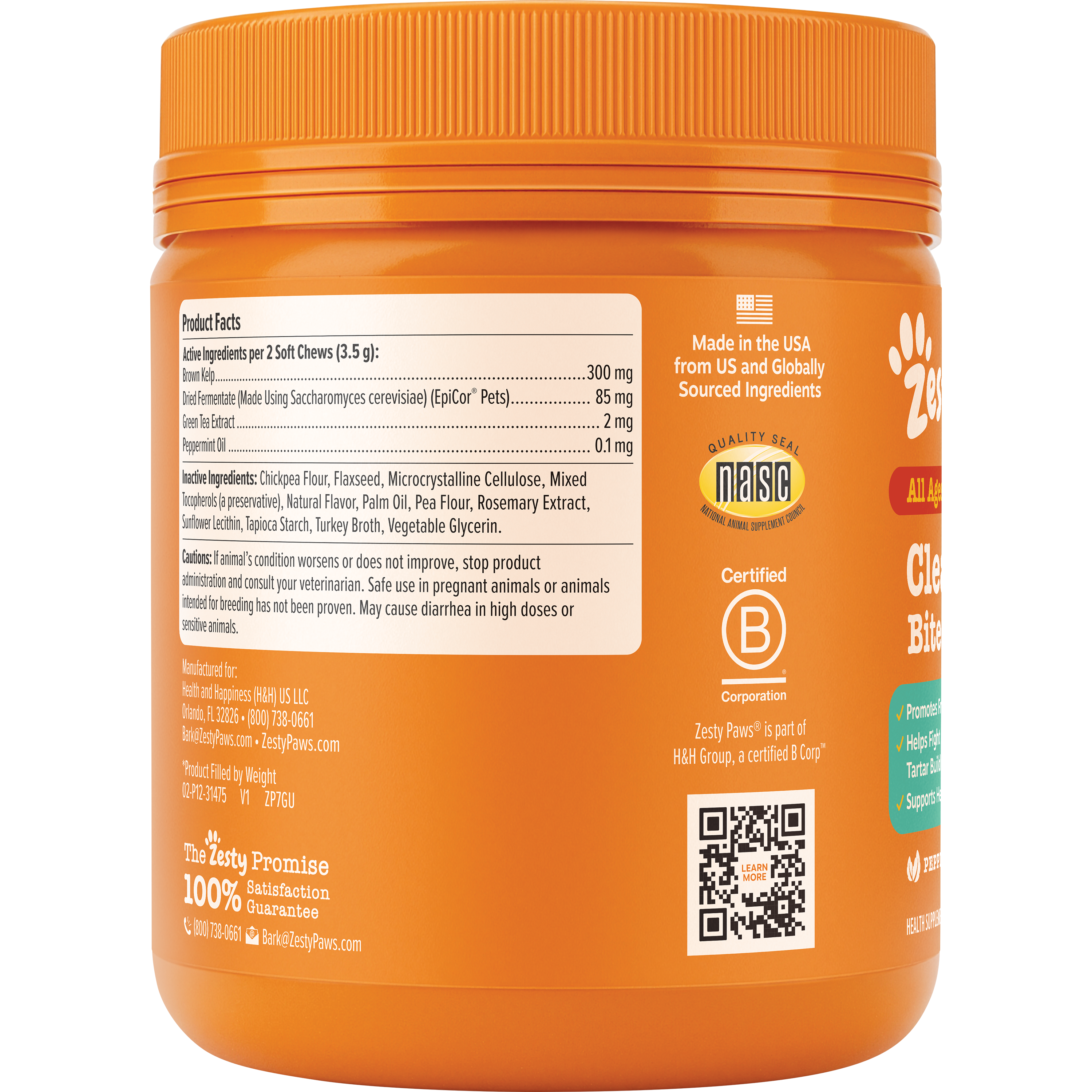 Orange plastic container of dog breath bites with white lid, showing product facts and ingredients label on front.