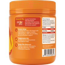 Orange plastic jar of dog breath treats with orange cap, red and beige labels listing ingredients and dosage information.