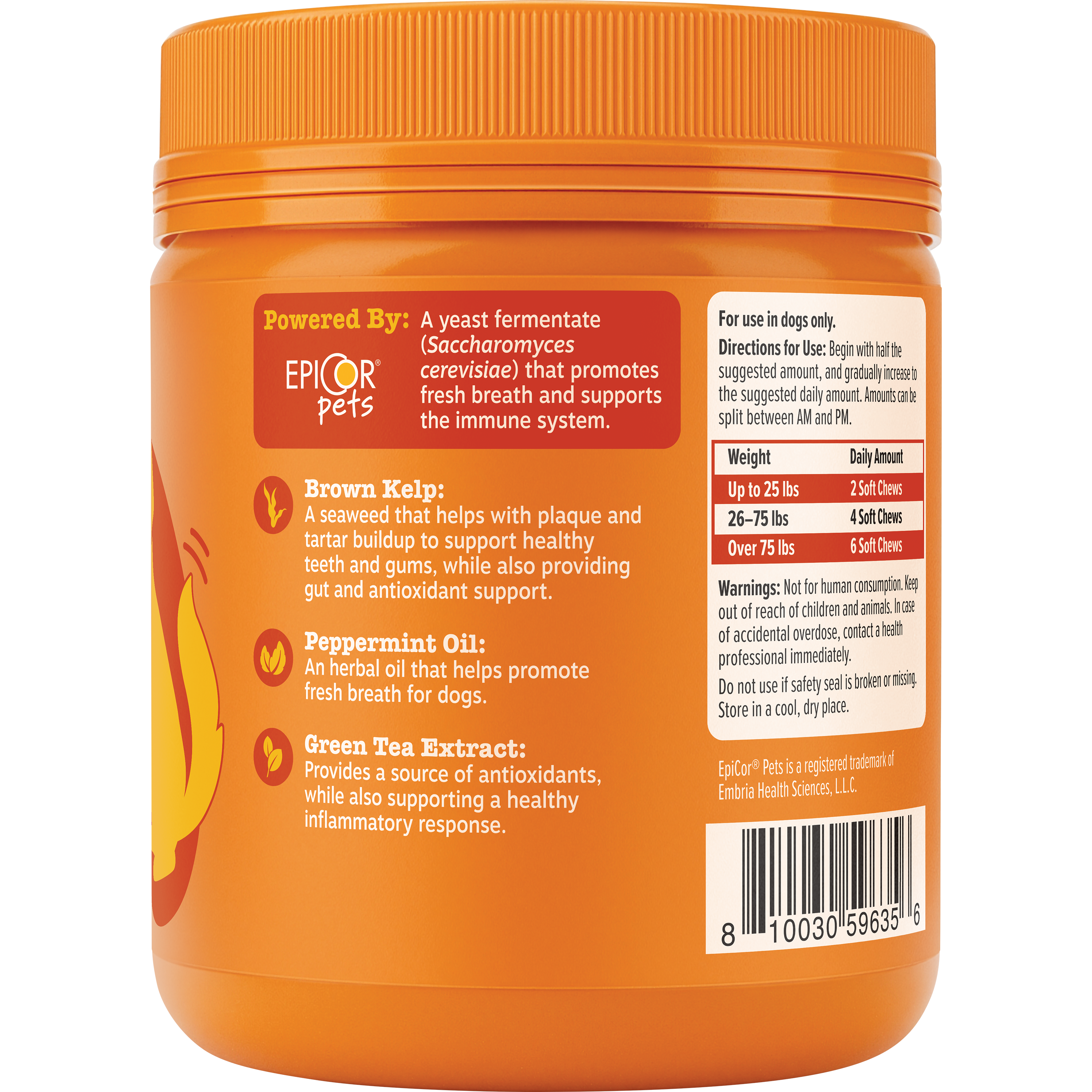 Orange plastic jar of dog breath treats with orange cap, red and beige labels listing ingredients and dosage information.