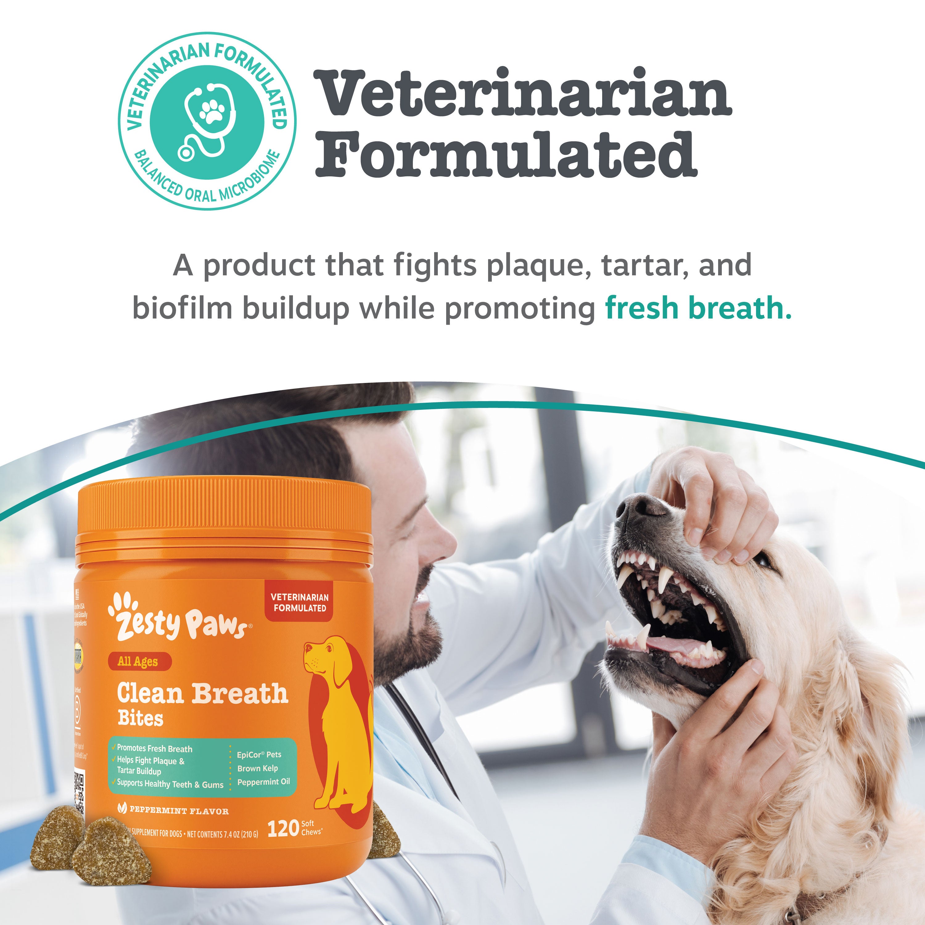 Orange Zesty Paw Clean Breath Bites container with veterinarian formulated seal next to person examining dog's teeth.
