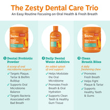 Three orange Zesty Paw pet dental care products: powder, water additive, and bite treats in containers.