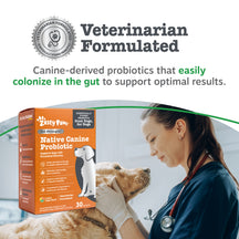 Zesty Paws Native Canine Probiotic packaging with a veterinarian and dog on a white background