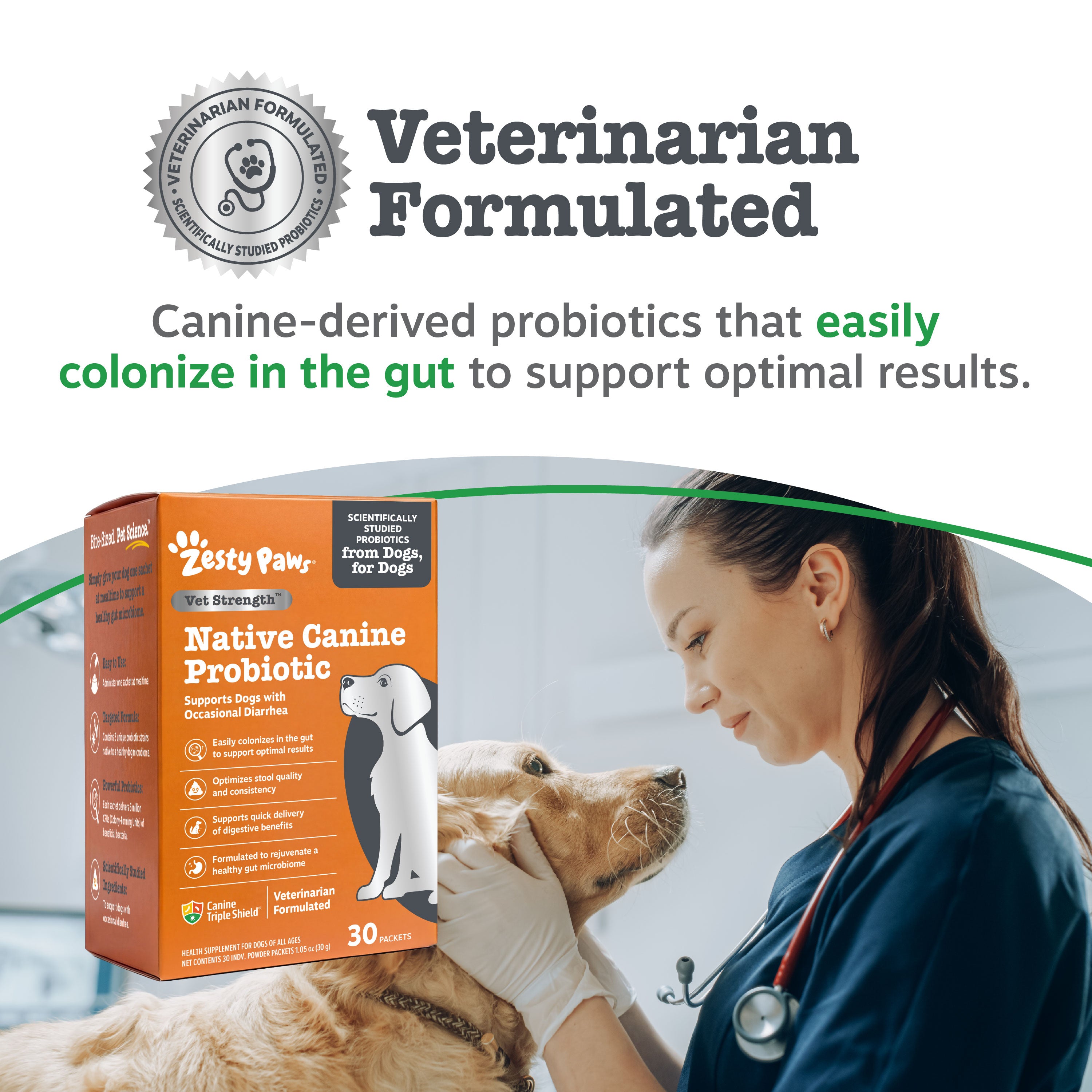 Zesty Paws Native Canine Probiotic packaging with a veterinarian and dog on a white background
