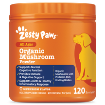 Orange jar of Zesty Paws organic mushroom powder for dogs with paw logo and yellow dog illustration on label.