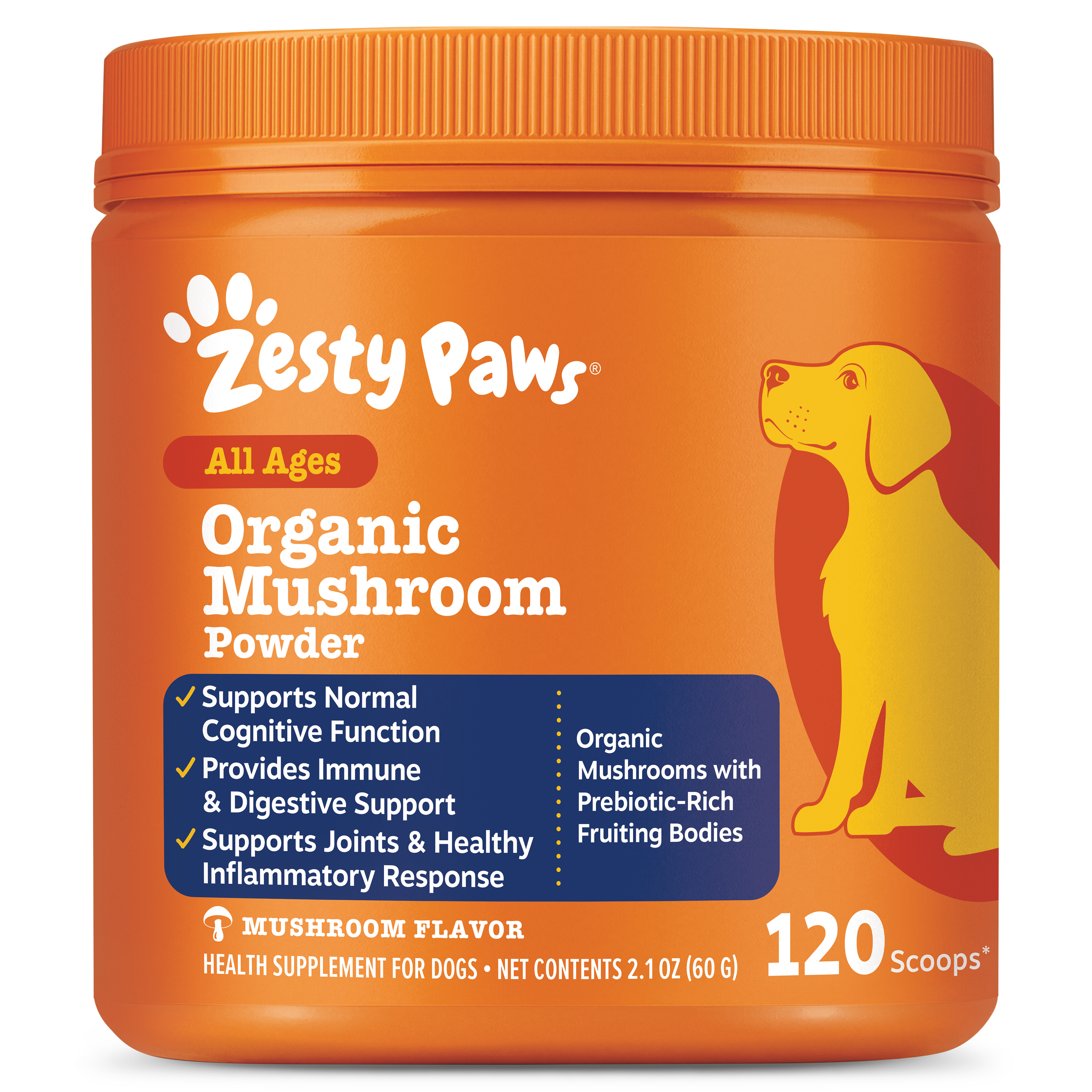 Orange jar of Zesty Paws organic mushroom powder for dogs with paw logo and yellow dog illustration on label.