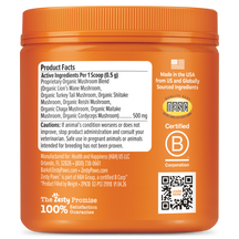 Orange plastic jar with ribbed lid containing mushroom powder for dogs, displaying product facts and ingredient information o