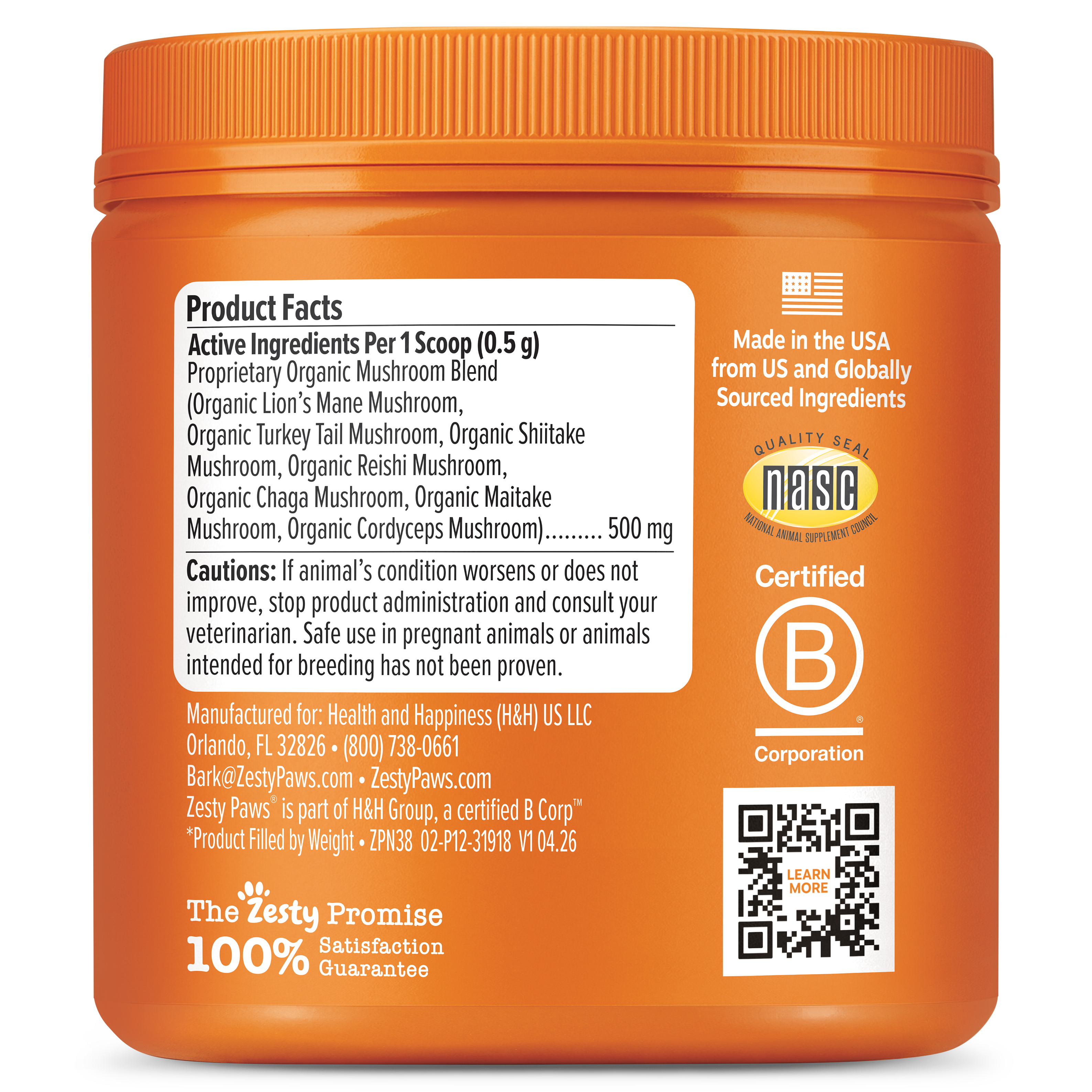 Orange plastic jar with ribbed lid containing mushroom powder for dogs, displaying product facts and ingredient information o