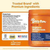 Zesty Paws Organic Mushroom Powder for dogs in orange container with product facts and ingredient information displayed.