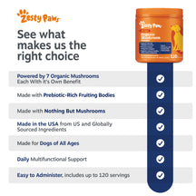 Orange jar of Zesty Paws organic mushroom powder for dogs with white paw logo and blue label details.