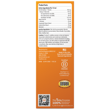 Product Facts label for calming drops containing fish oil, omega-3 fatty acids, and herbal extracts on orange background.
