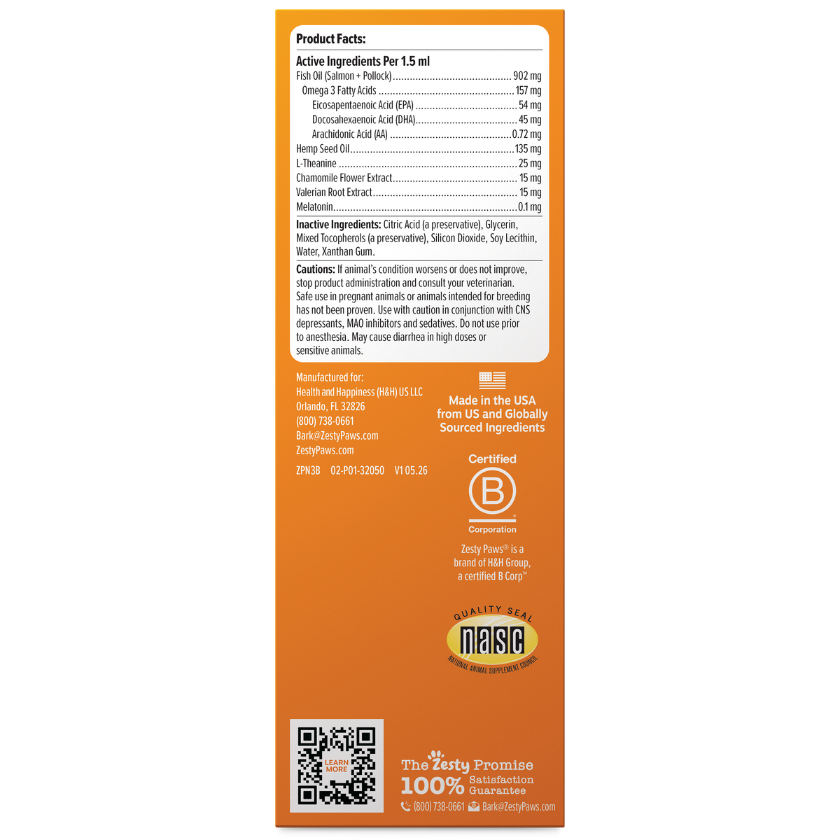 Product Facts label for calming drops containing fish oil, omega-3 fatty acids, and herbal extracts on orange background.