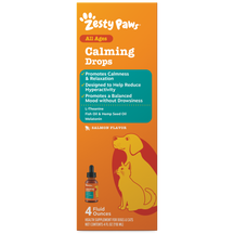 Zesty Paws Calming Drops bottle with orange packaging, featuring dog and cat illustrations and salmon flavor label.