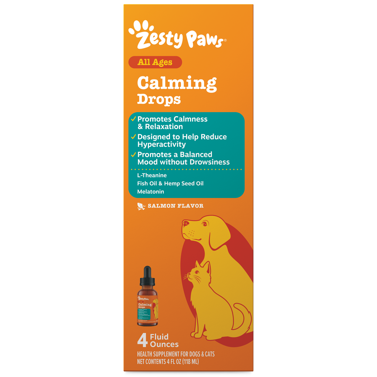Zesty Paws Calming Drops bottle with orange packaging, featuring dog and cat illustrations and salmon flavor label.