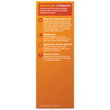 Orange product box with red and orange sections listing ingredients including L-Theanine, Fish Oil, Hemp Seed Oil, Melatonin,