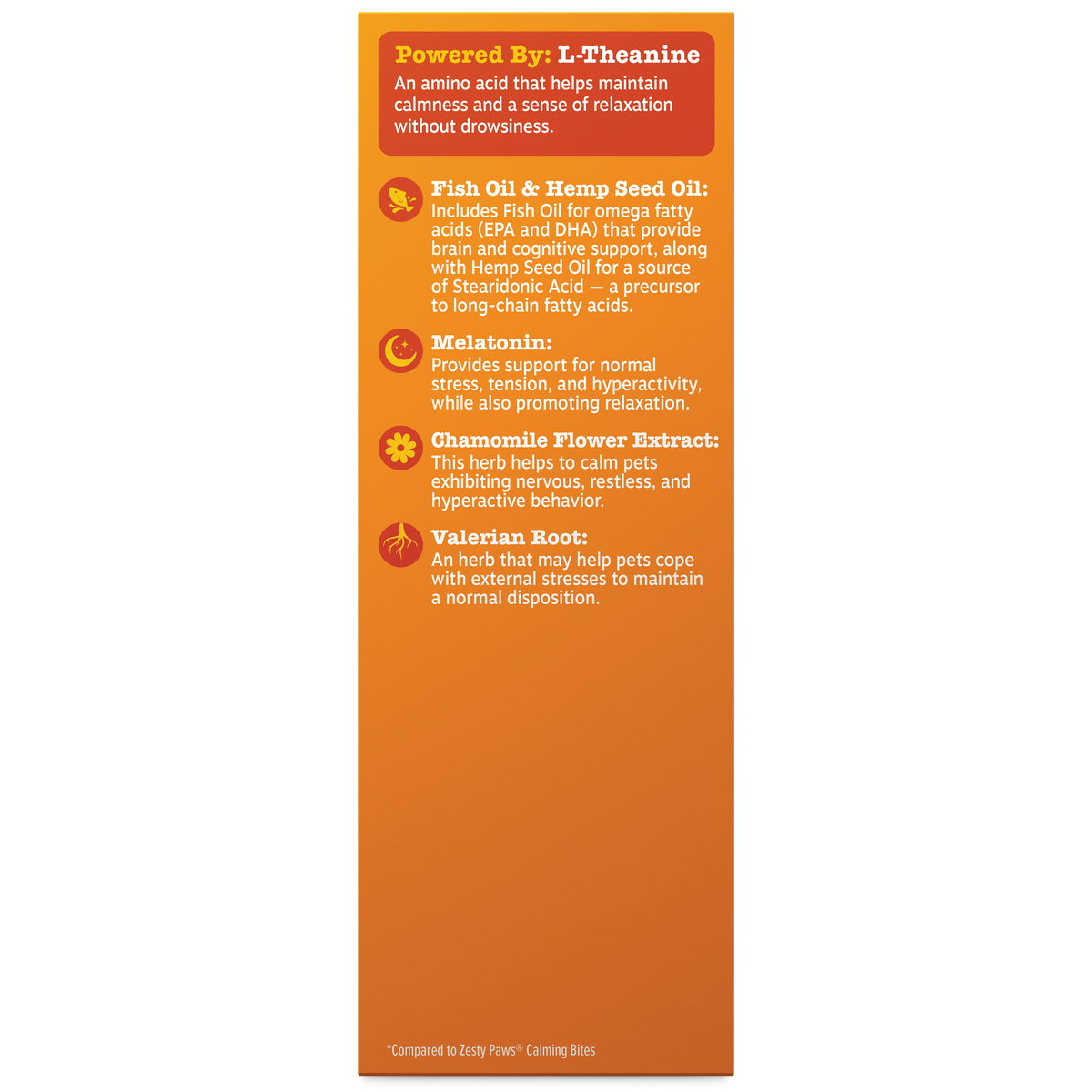 Orange product box with red and orange sections listing ingredients including L-Theanine, Fish Oil, Hemp Seed Oil, Melatonin,