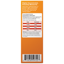 Orange product packaging for calming drops with white text, dosing chart, and barcode.
