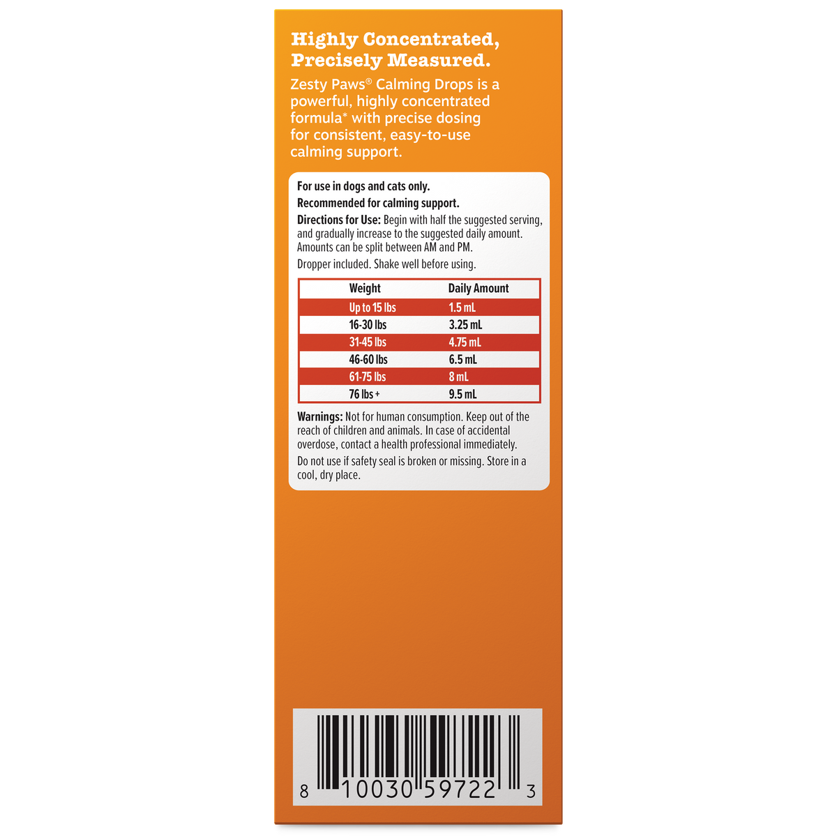 Orange product packaging for calming drops with white text, dosing chart, and barcode.