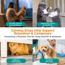 Calming drops product page showing dogs and cats in stress situations with ingredient information and usage scenarios.
