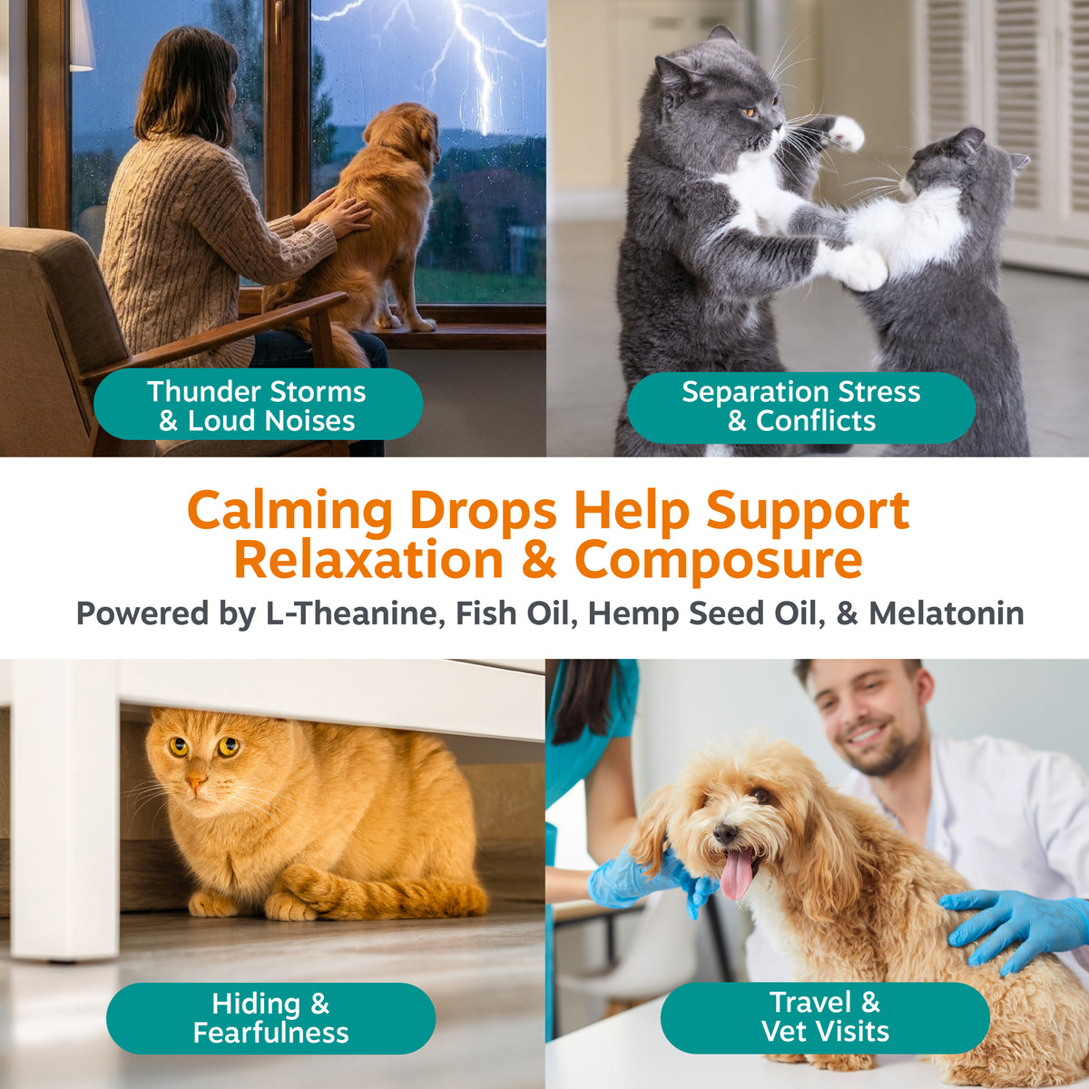 Calming drops product page showing dogs and cats in stress situations with ingredient information and usage scenarios.
