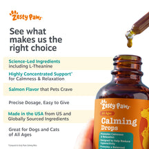 Brown glass bottle of Zesty Paws Calming Drops with dropper dispensing golden liquid, displayed with product claims text.