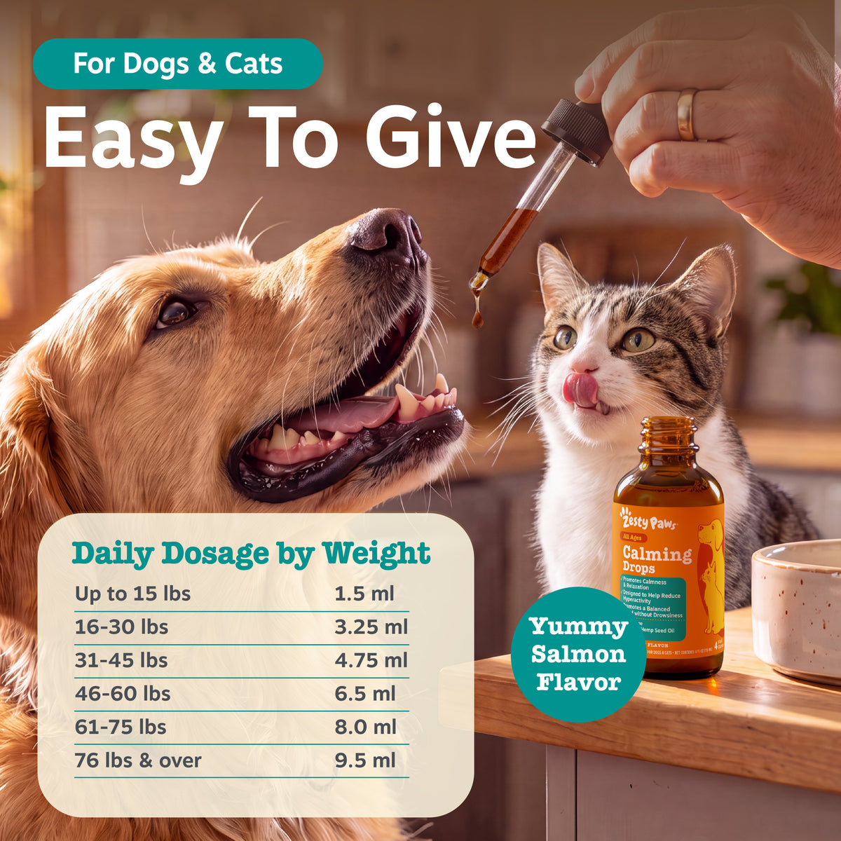 Hand holding dropper above dog and cat with amber bottle of calming drops and dosage chart displayed.