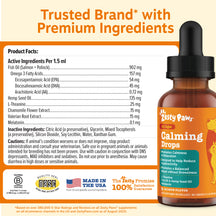Amber glass dropper bottle of Zesty Paw Calming Drops with black cap, orange label, and product facts panel on cream backgrou