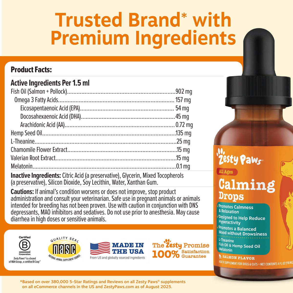 Amber glass dropper bottle of Zesty Paw Calming Drops with black cap, orange label, and product facts panel on cream backgrou