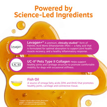 Amber liquid drops with ingredient information for Levagen, UC-II Pets Type II Collagen, and Fish Oil.