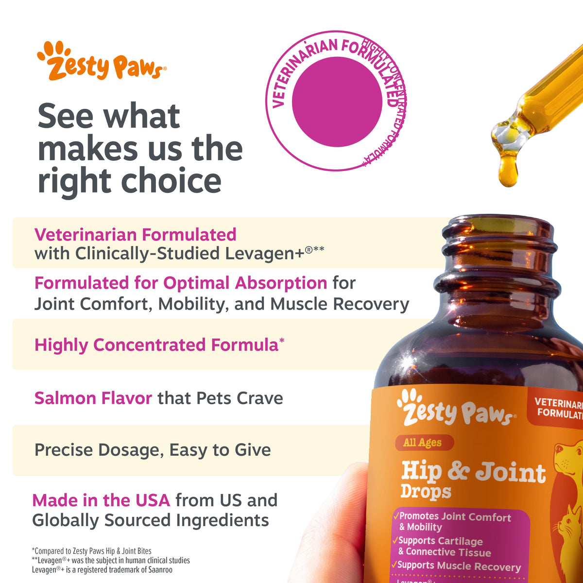 Zesty Paws Hip & Joint Drops bottle with dropper dispensing golden liquid, alongside veterinarian formulated badge.