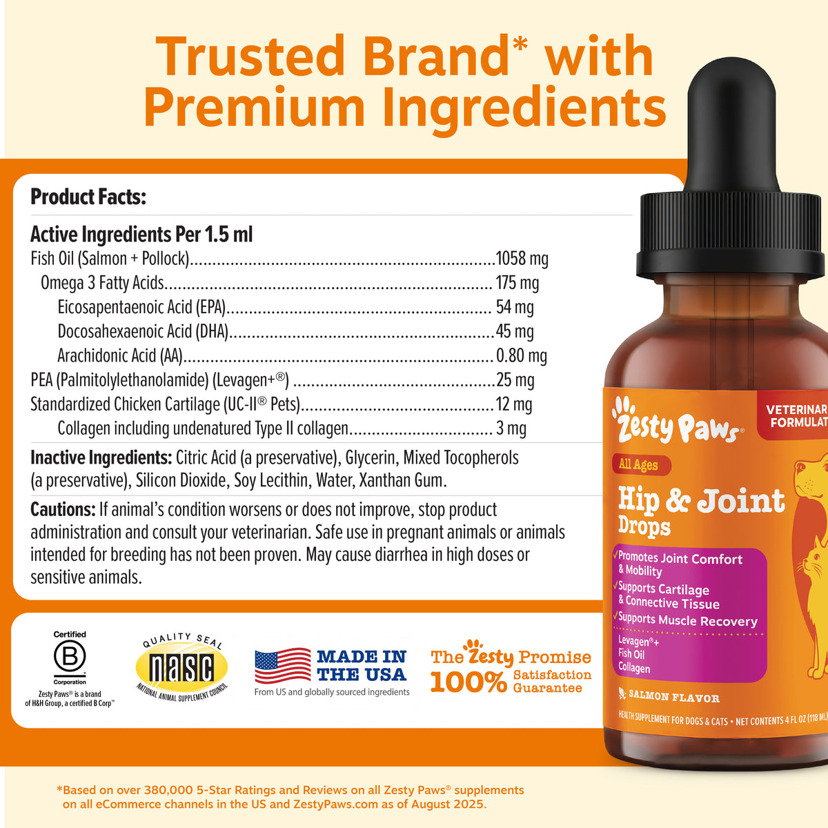 Zesty Paws Hip & Joint Drops bottle with dropper, 4 fl oz, containing fish oil and joint support ingredients for dogs and cat