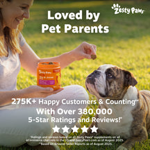 Woman holding orange Zesty Paws Hip & Joint supplement bottle with dog treat in hand while sitting with brown and white bulld