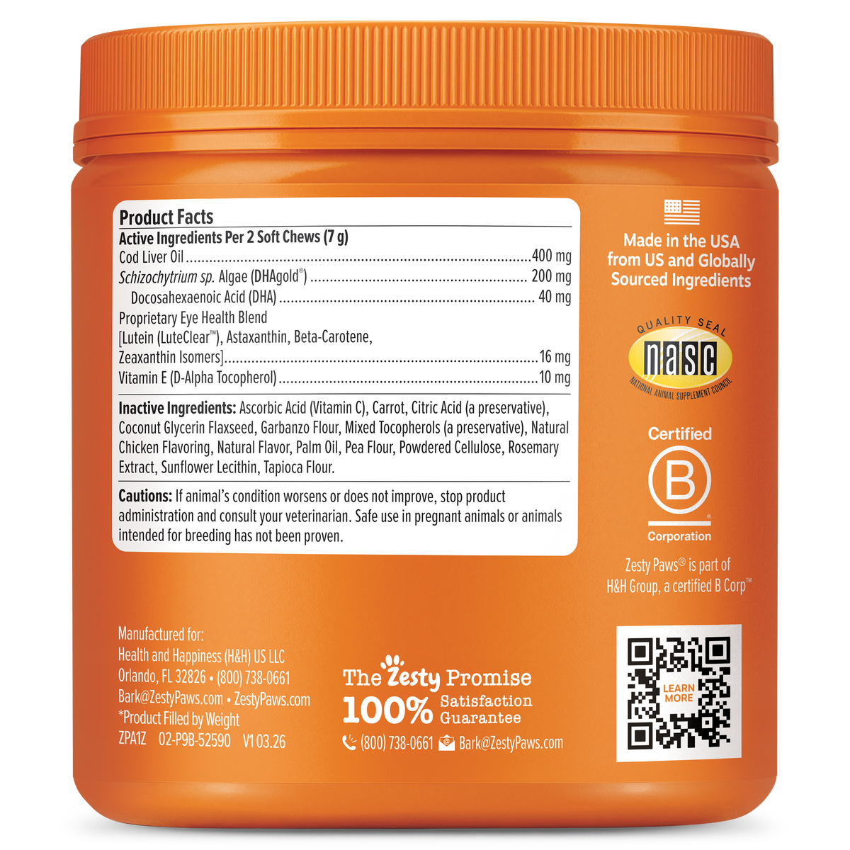 Orange plastic jar with ribbed lid containing dog supplement chews, displaying product facts label and ingredient information