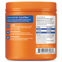 Orange plastic jar of soft chew dog supplements with blue label and usage instructions for senior dogs.