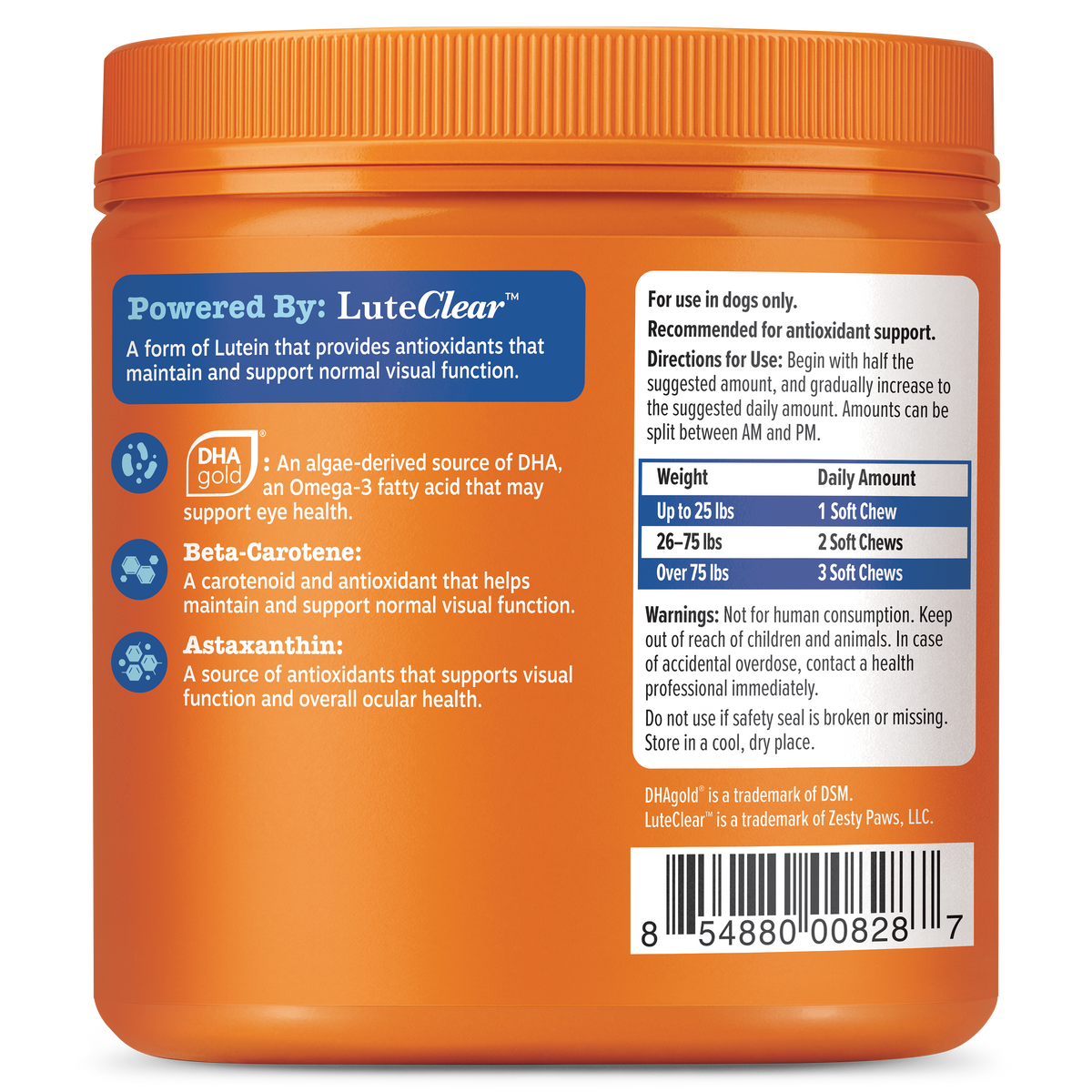 Orange plastic jar of soft chew dog supplements with blue label and usage instructions for senior dogs.