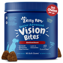 Blue jar of Zesty Paw Senior Advanced Vision Bites with brown soft chews displayed in front.