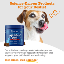 Blue jar of Senior Advanced Vision Bites soft chews next to an older tan and white dog with tongue out.