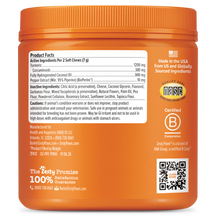 Orange container of turmeric curcumin dog chews with product facts label and "NASC Certified B Corporation" seal visible.