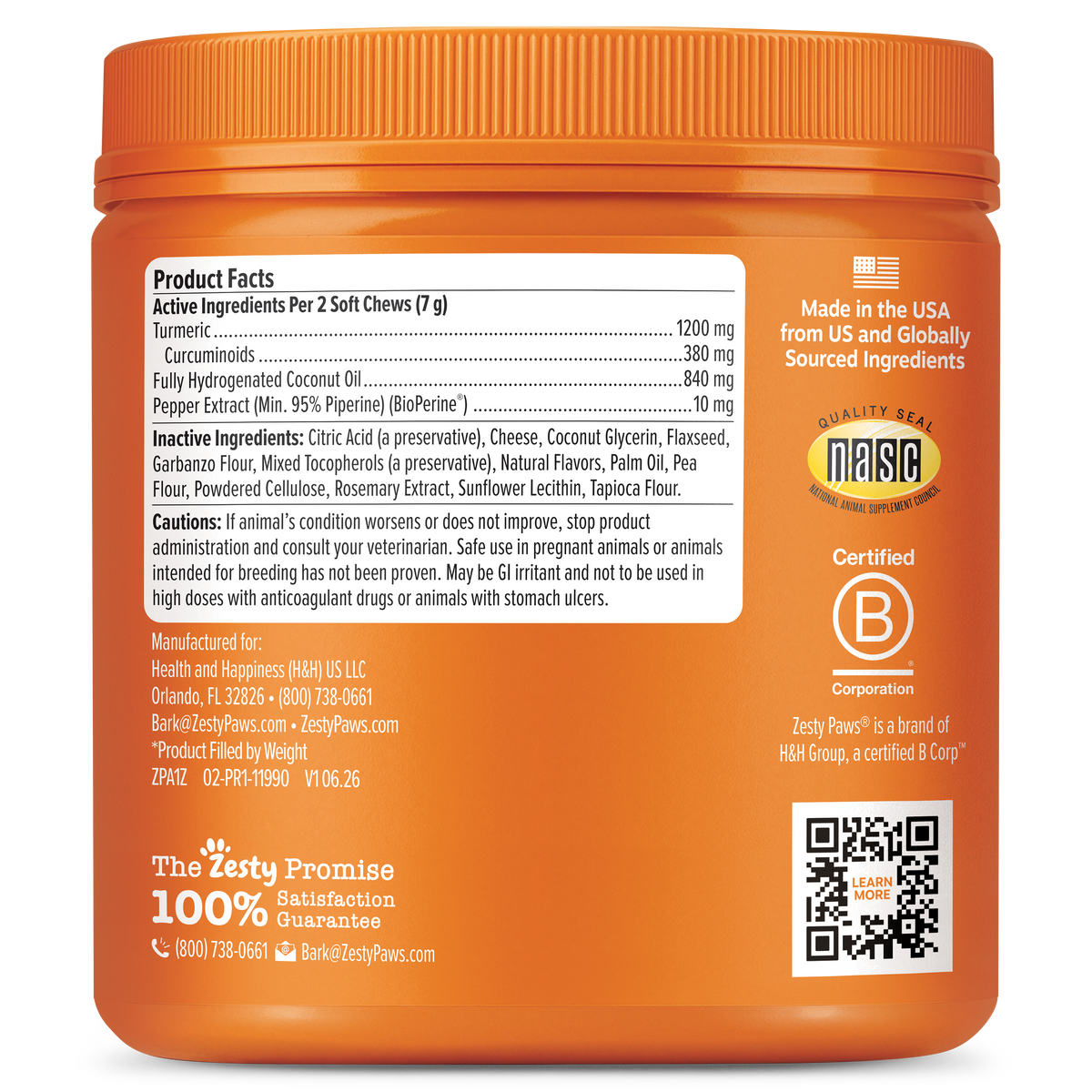 Orange container of turmeric curcumin dog chews with product facts label and "NASC Certified B Corporation" seal visible.