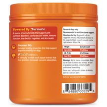 Orange container of turmeric curcumin soft chews for dogs with ingredient and dosage information on label.